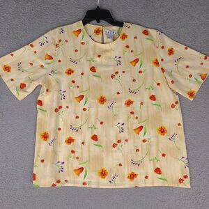 Vintage Erena Blouse Womens XL Yellow Floral Pullover Top Keyhole Back